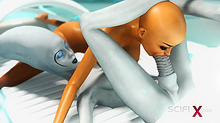 Futa alien face fucks bald human girl in scifi lab