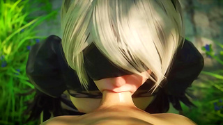 2B from Nier Sucks Cock Outdoors in 3D Hentai POV Cartoon Action