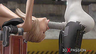 Sci-Fi female android fucks a girl in her mouth hole