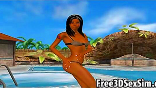Sexy 3D ebony hottie getting fingered by the pool