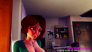 MILF 3D HENTAI SHORT HAIR GREEN SHIRT BIG CHEST SHORT AND RED PANTIES THONG GIVING IN THE BEDROOM