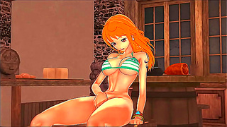 The cute pirate Nami fingers her pussy in a bar - One Piece Hentai